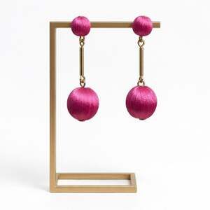 New TRENDY Fashion Cute Pink Fabric Balls Gold Tone Dangle Earrings